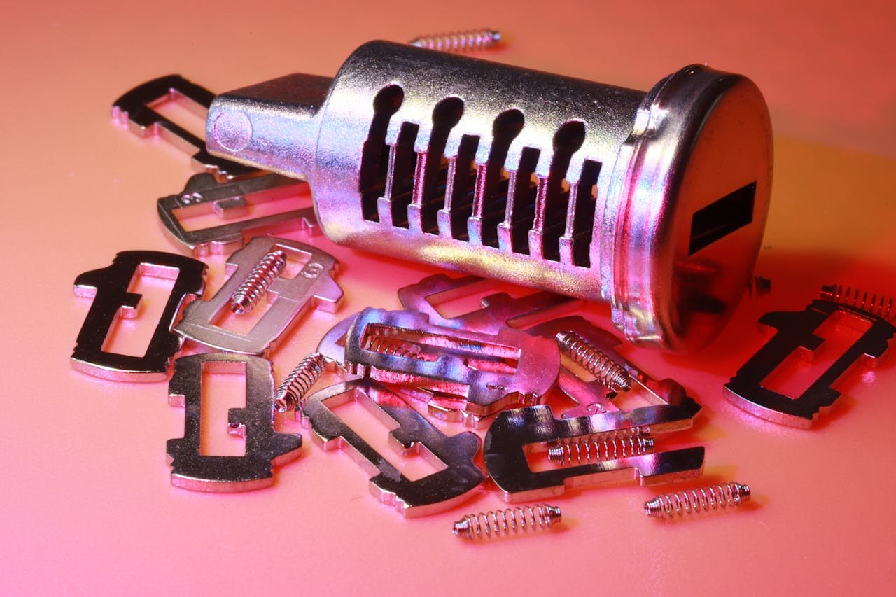 Detailed image of a disassembled lock cylinder and its metal components on a colored surface.